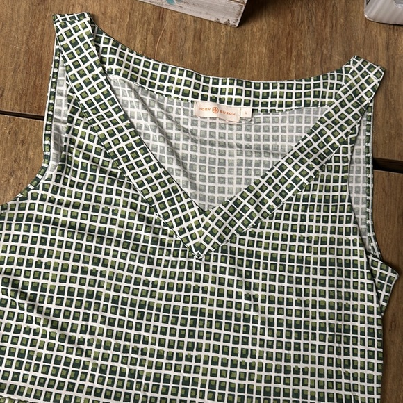 Tory Burch nwot 100% silk Paris green white stretchy window pane dress - Picture 5 of 9